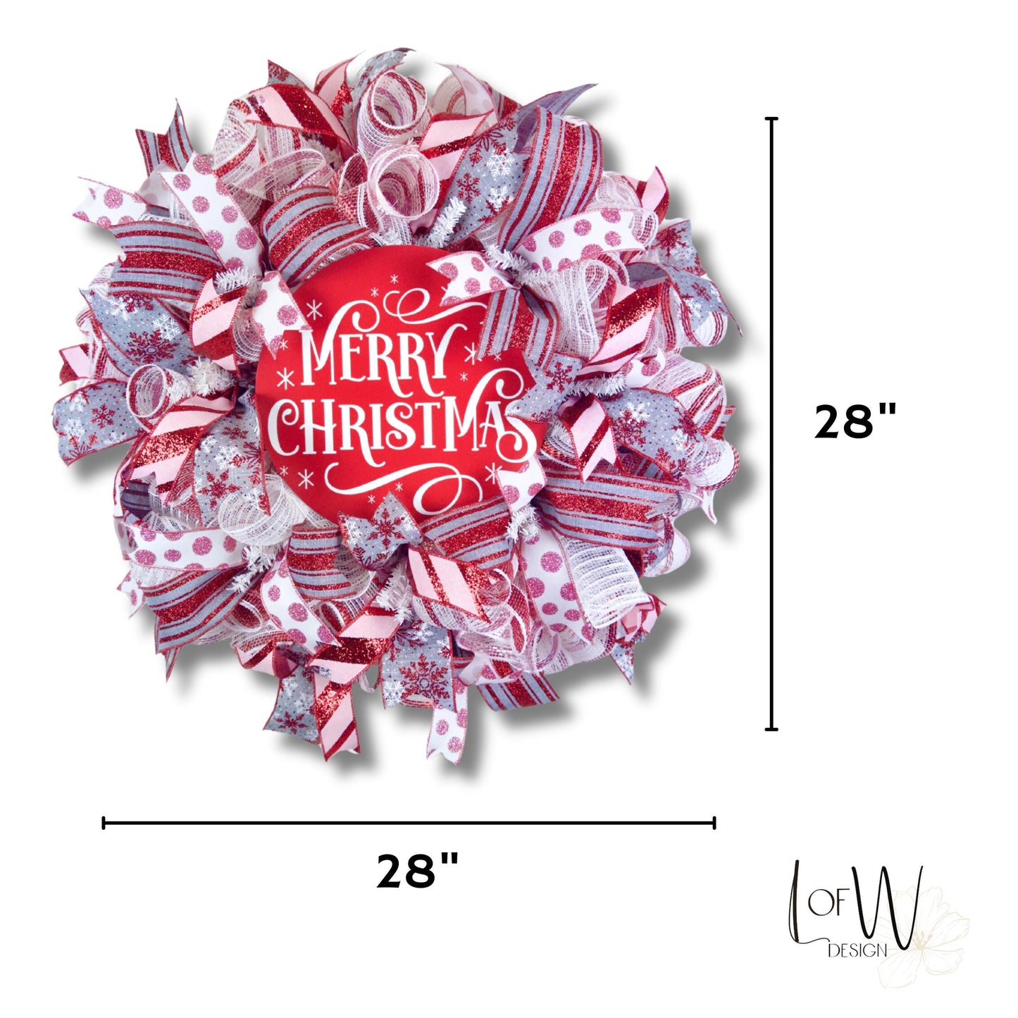 Large 28 inch Christmas wreath for door or wall, handmade red and white winter holiday wreath