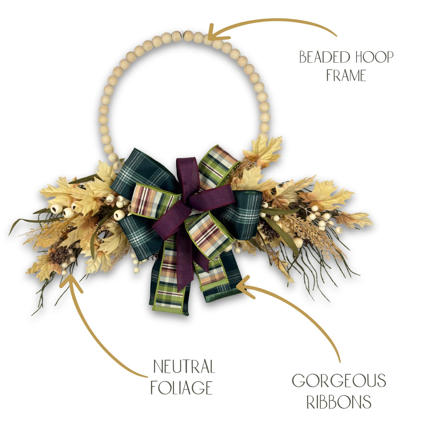 Handmade fall beaded hoop wreath with plaid bow and autumn leaves, displayed on a clean white background for product clarity.