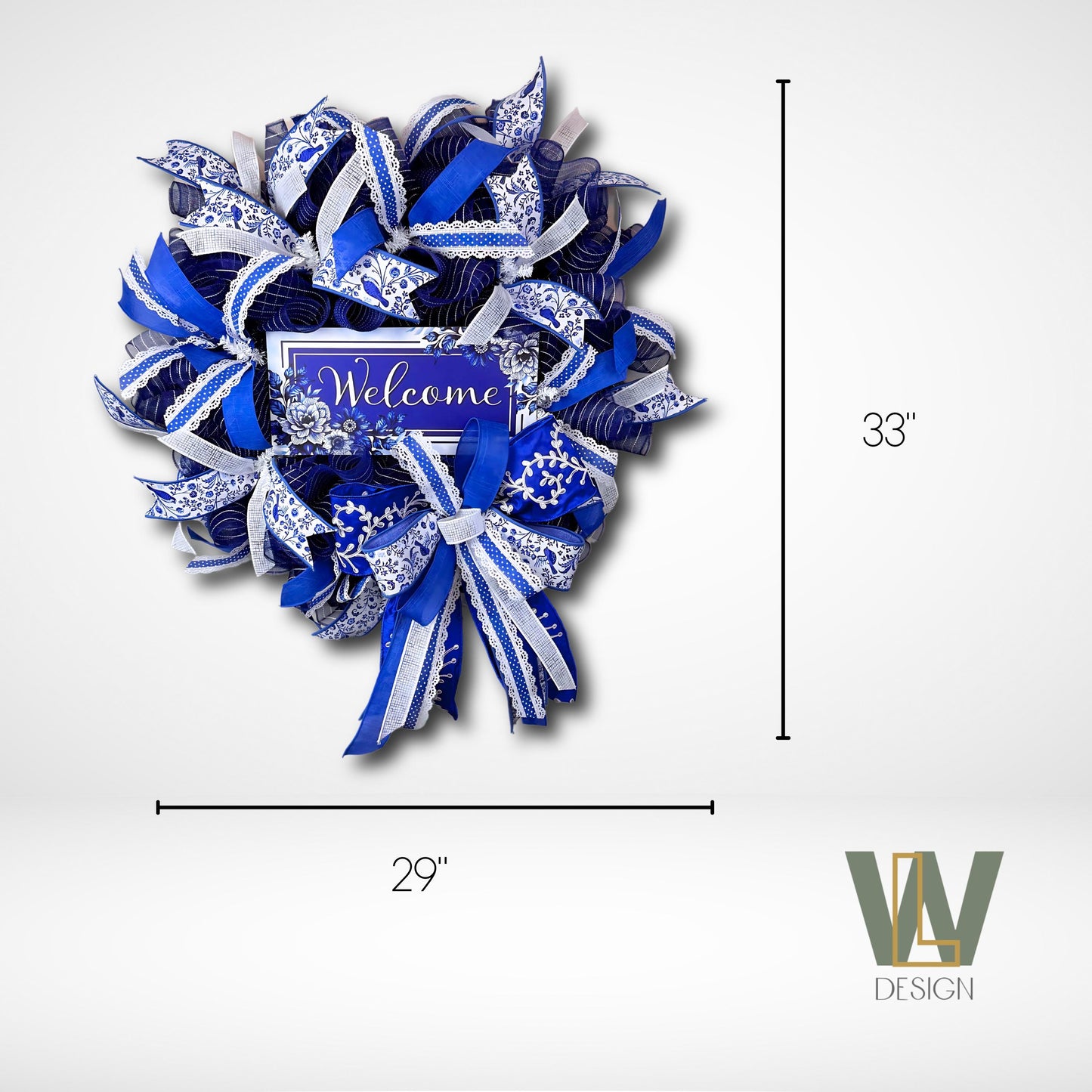 Large mesh wreath with blue and white chinoiserie ribbons, welcome sign, and dimensions 29x33 inches, ideal front door decoration.