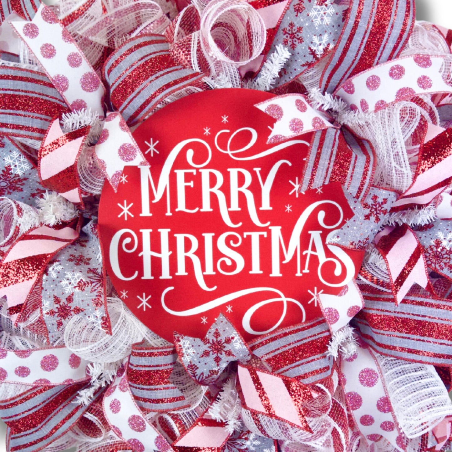 Glitter Merry Christmas sign with red white polka dot ribbon on handmade deco mesh wreath