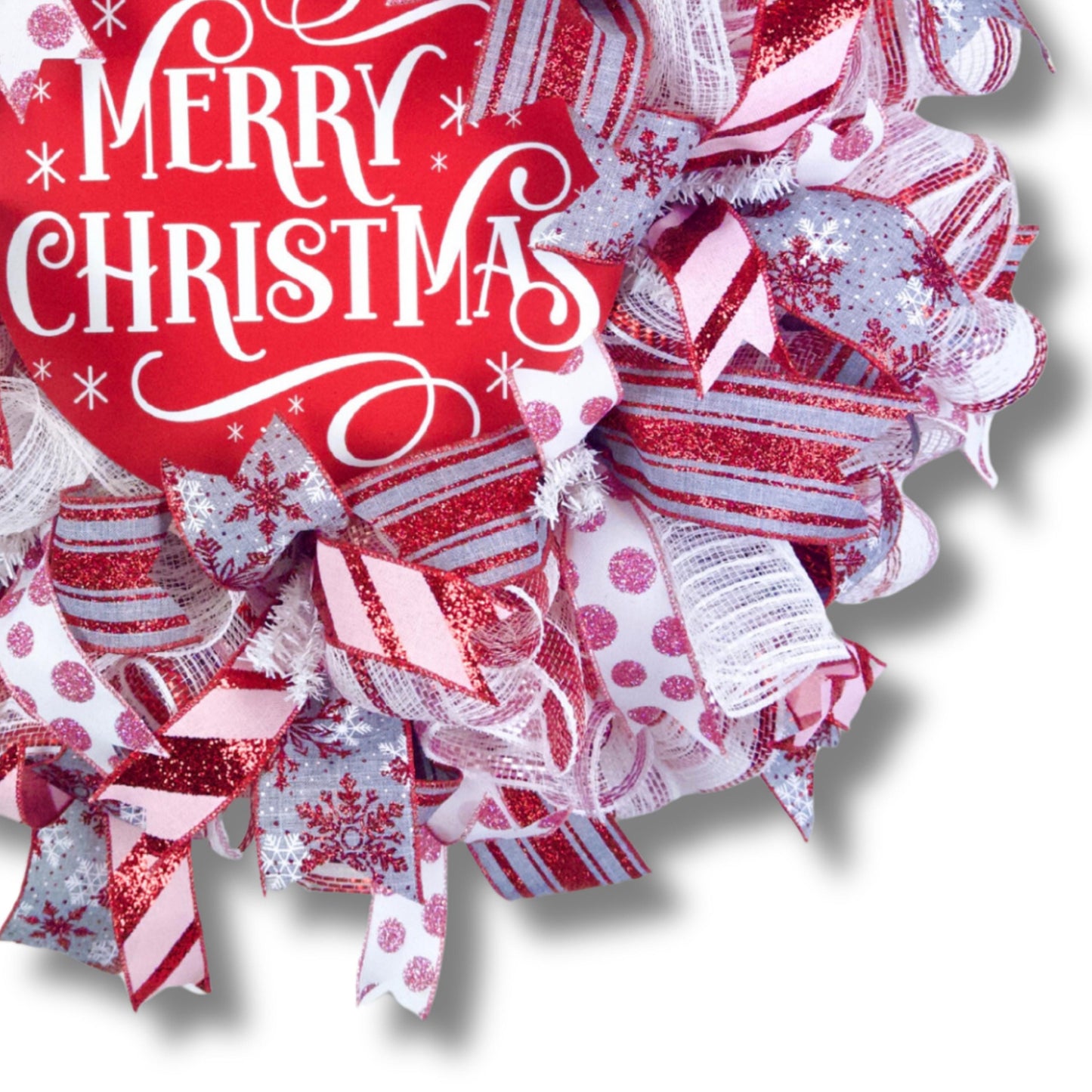 Christmas front door wreath with handmade bows, candy stripe ribbon, and glitter details