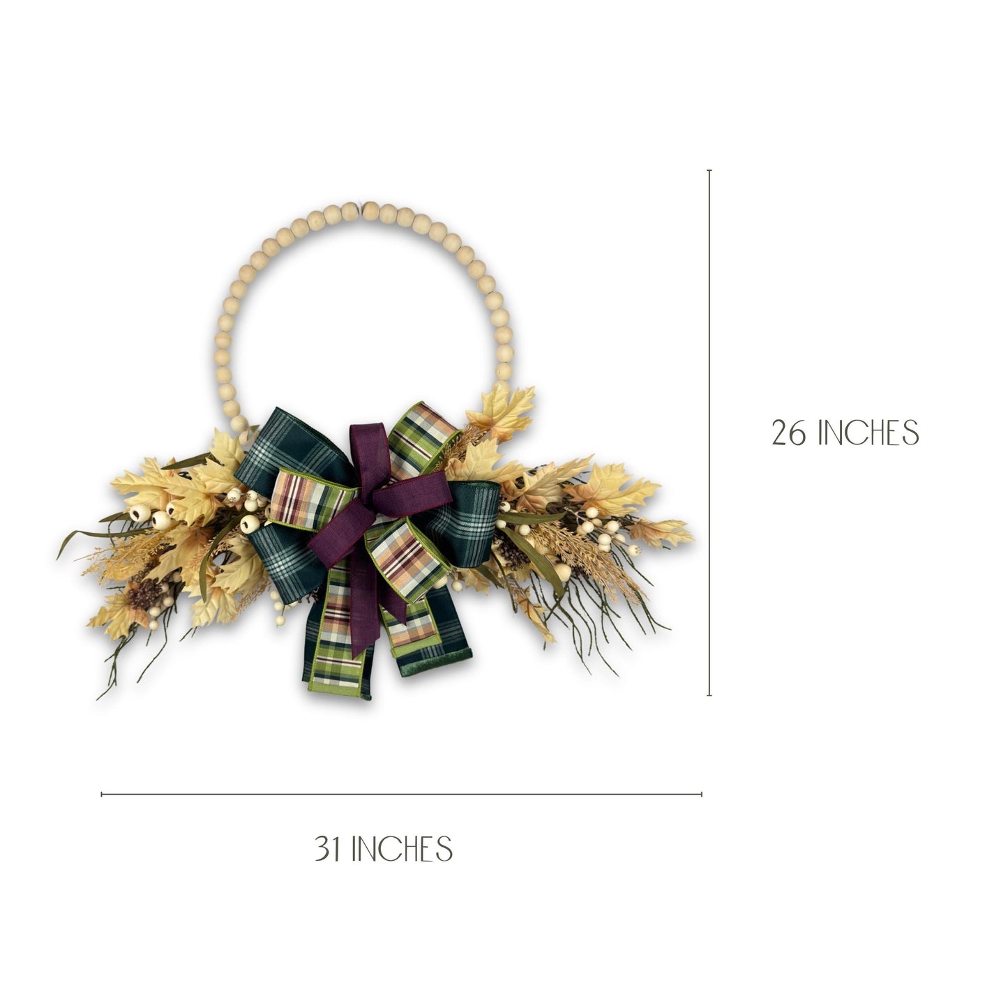 Wreath placed on backdrop with dimensions labeled, showing approximate 31 x 26 inches size for scale reference.