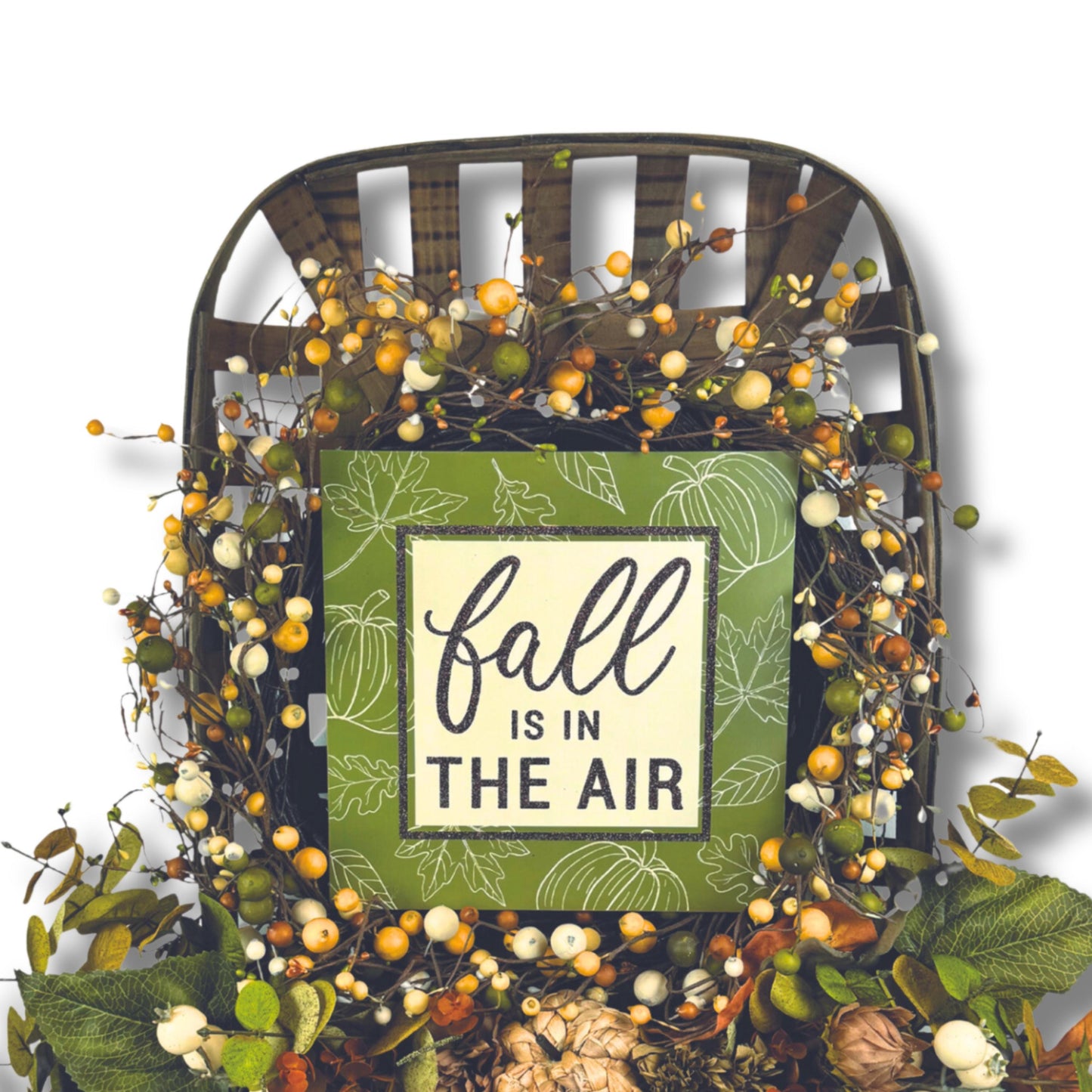 Fall wreath with farmhouse sign and faux berry accents on white background for Etsy product photo