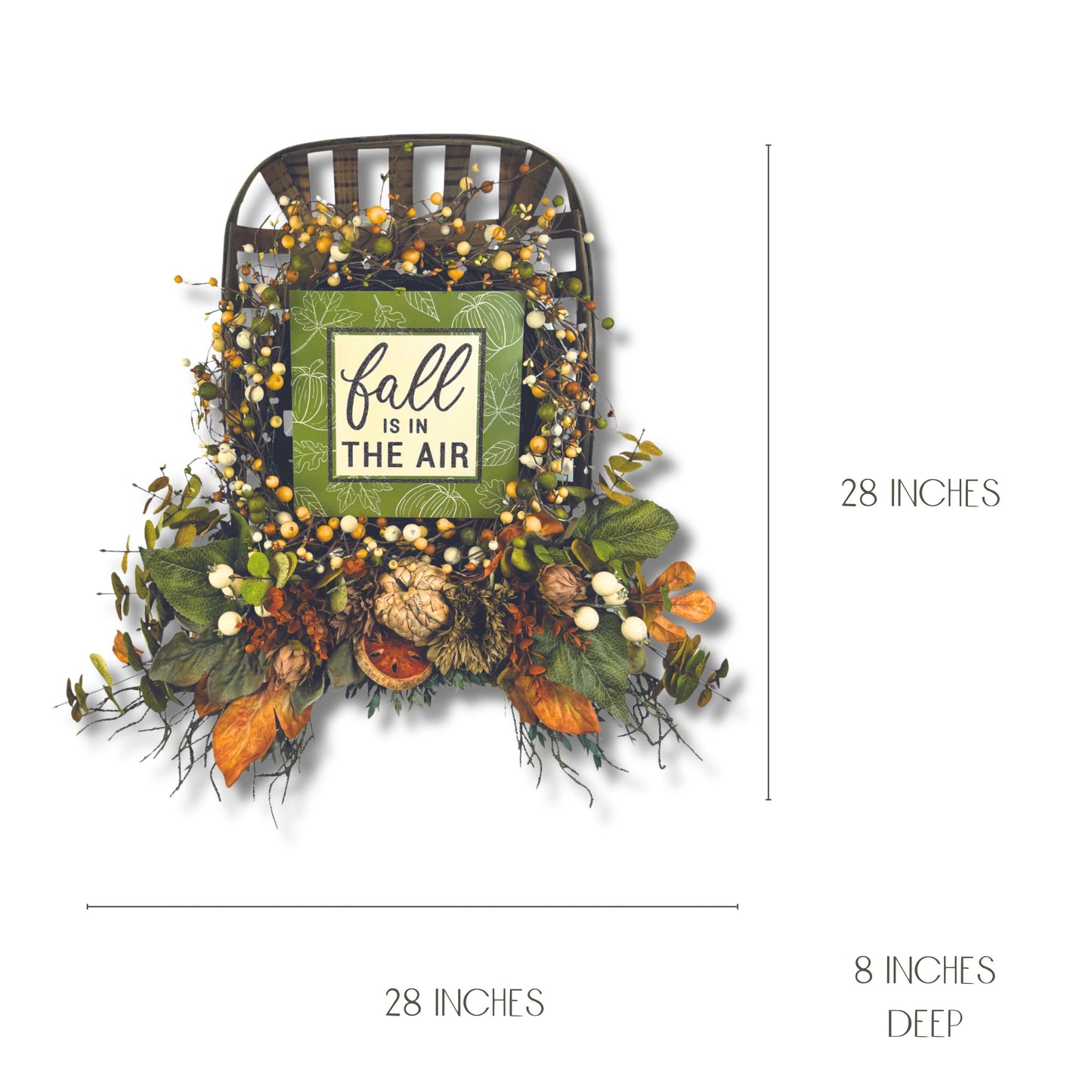 Fall wreath dimensions and sizing chart showing 28 inch width and 8 inch depth