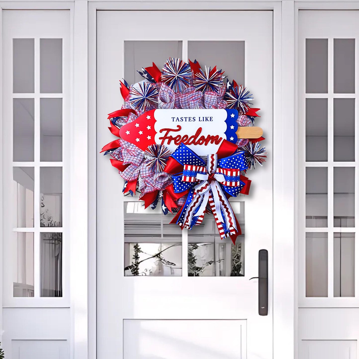 Large patriotic wreath on white front door, red white and blue 4th of July wreath with glitter Freedom sign and mesh ribbons, summer porch door decor