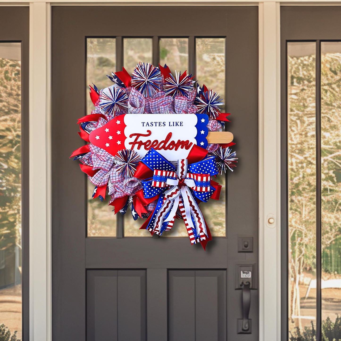 Independence Day wreath on dark front door, red white and blue patriotic mesh wreath with fireworks-style ribbon and glittery popsicle centerpiece