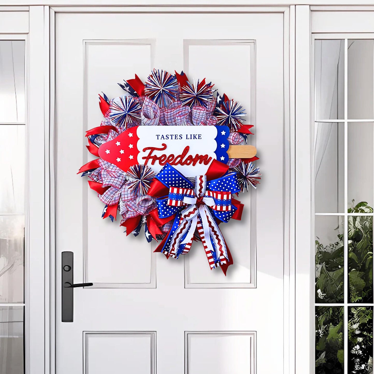 Fourth of July popsicle wreath hanging on modern white front door, large patriotic mesh wreath with bows and USA-inspired colors for porch decoration