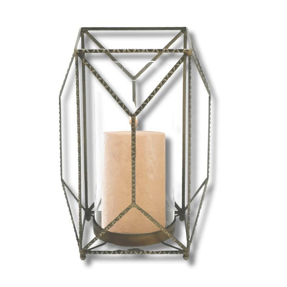 12" Gold Geometric Candle Holder – Iron & Glass Hurricane