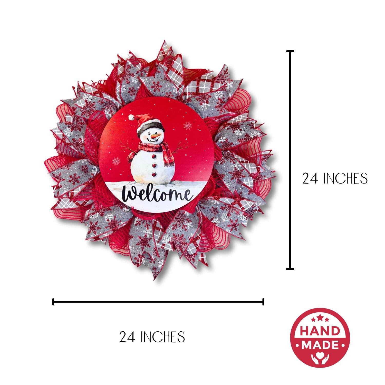 24-inch snowman welcome wreath with a slim profile, designed to fit easily between storm and front doors for practical holiday decor.