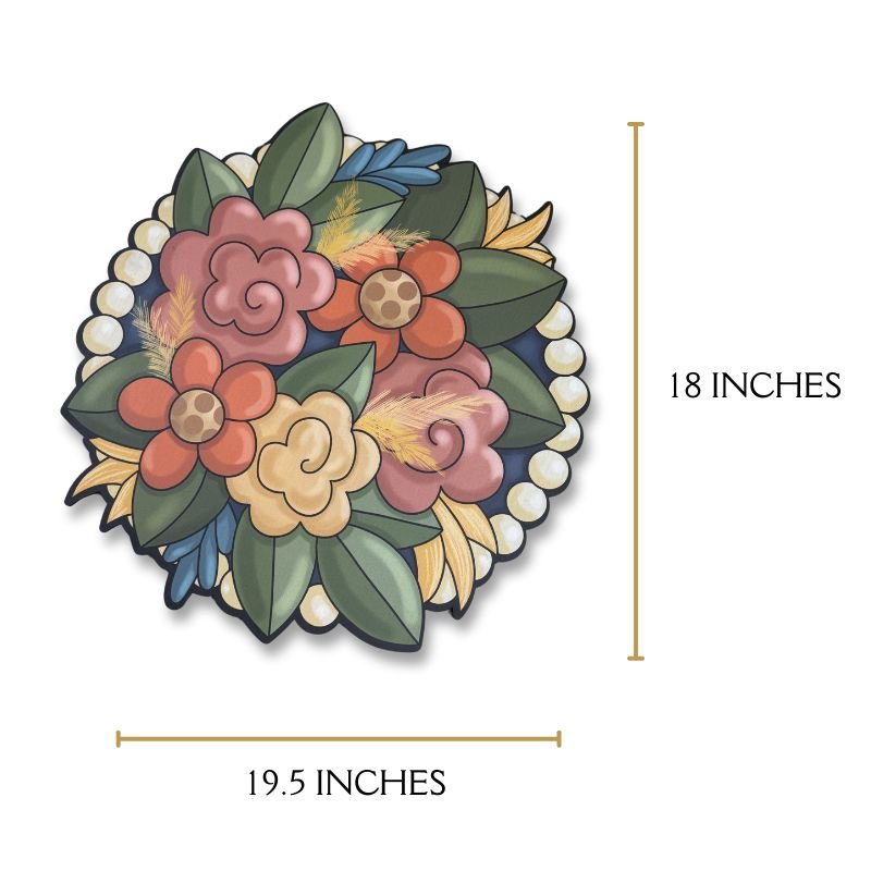 Dimensions of the fall floral beaded wreath door hanger, showing 19.5 inches in width and 18 inches in height.