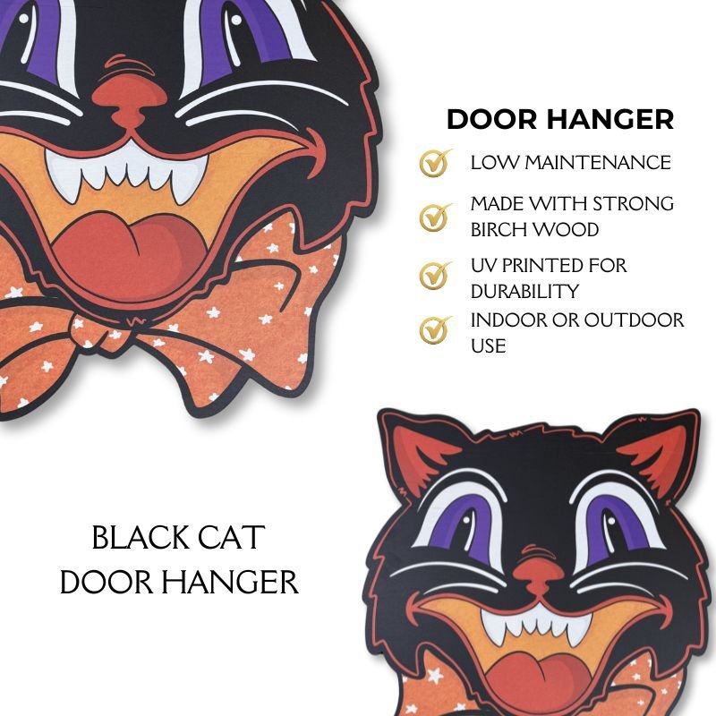 Black Cat Door Hanger features UV printing, durable birch wood, and low maintenance for Halloween. Perfect for front doors, walls, or porches.