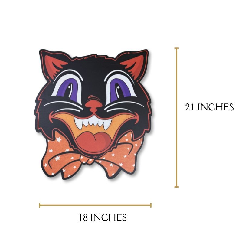 Halloween Black Cat Door Hanger, 21x18 inches, featuring a vibrant design with a playful orange bow. Ideal for festive indoor or outdoor decor.