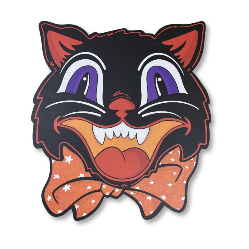 Whimsical Black Cat Door Hanger with orange bow, perfect for Halloween decor. Durable, UV-printed, and suitable for indoor or outdoor use.