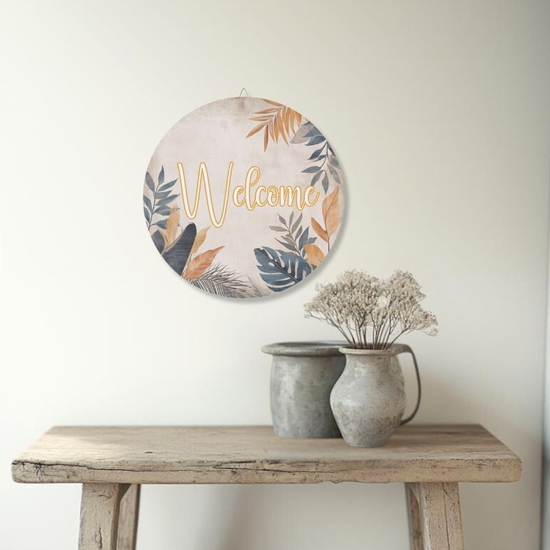 Boho Leaf Welcome Sign – Stylish Rustic Entryway Decor