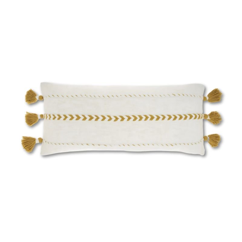 Boho Yellow & White Striped Lumbar Pillow – 12"x30" with Tassels