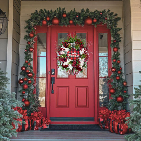 Buffalo Plaid Christmas Wreath displayed on a red front door, surrounded by garlands and ornaments, creating a festive and inviting holiday scene.