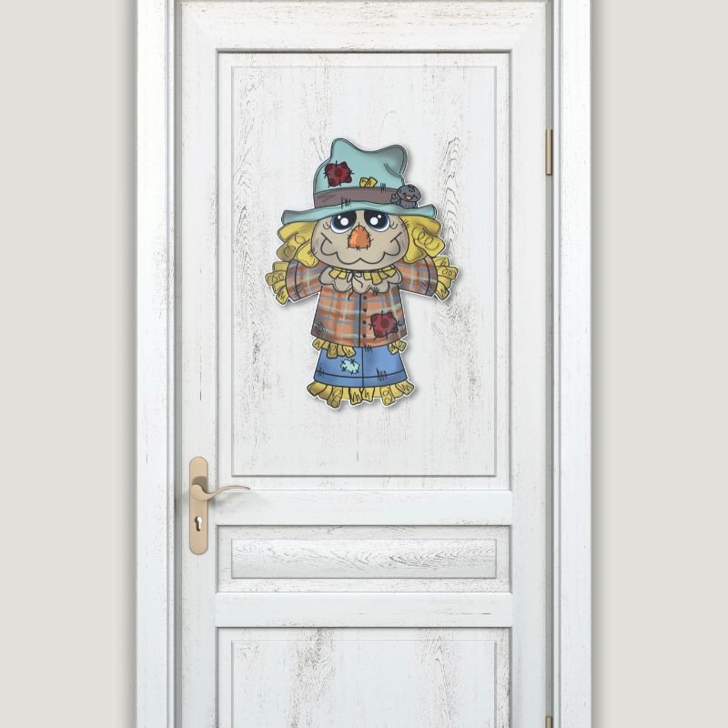 Scarecrow door hanger displayed on a front door, ideal for adding a touch of rustic charm to your fall or harvest-themed decor.