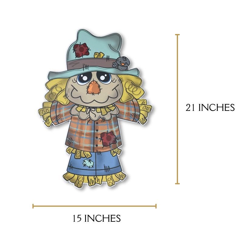 Dimensions of the scarecrow door hanger shown as 21 inches tall and 15 inches wide, crafted for both indoor and outdoor seasonal decor use.