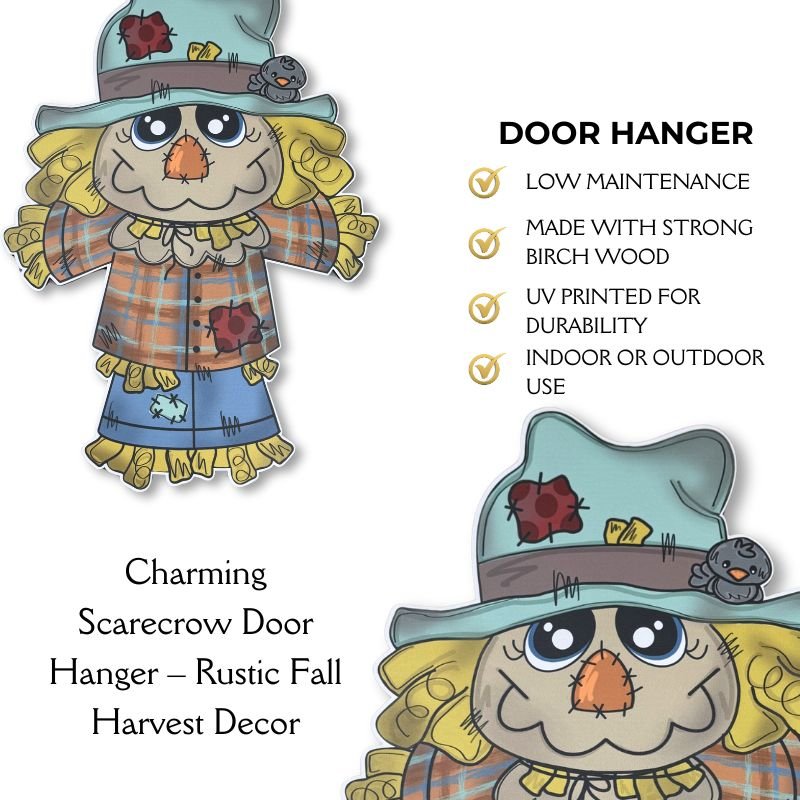 Close-up of the rustic scarecrow door hanger showcasing its UV-printed details, sturdy birch wood, and low-maintenance design for autumn displays.