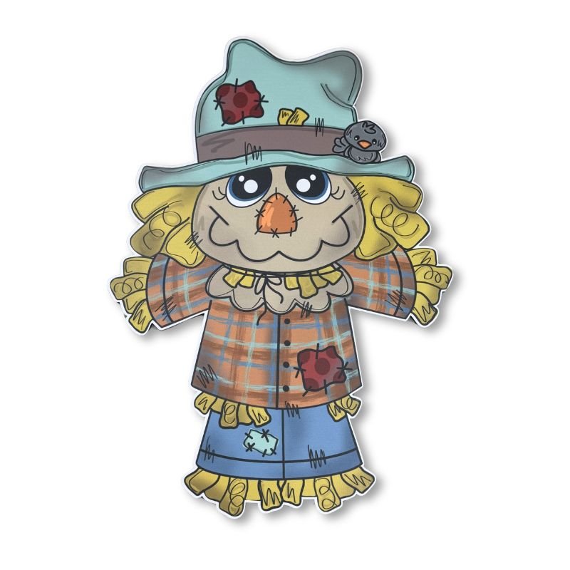 Rustic scarecrow door hanger made from birch wood with UV-printed vibrant colors, perfect for indoor or outdoor fall door decorations.