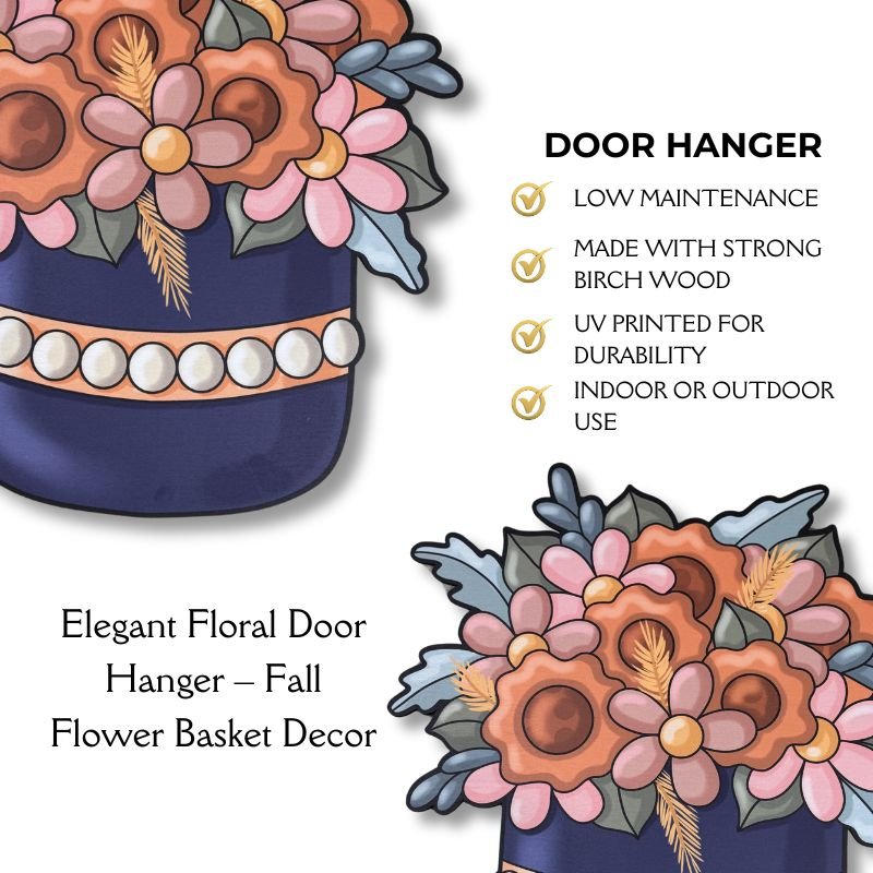 Close-up of the Elegant Floral Door Hanger showing UV-printed orange and pink flowers in a navy basket with pearl accents for fall decor.