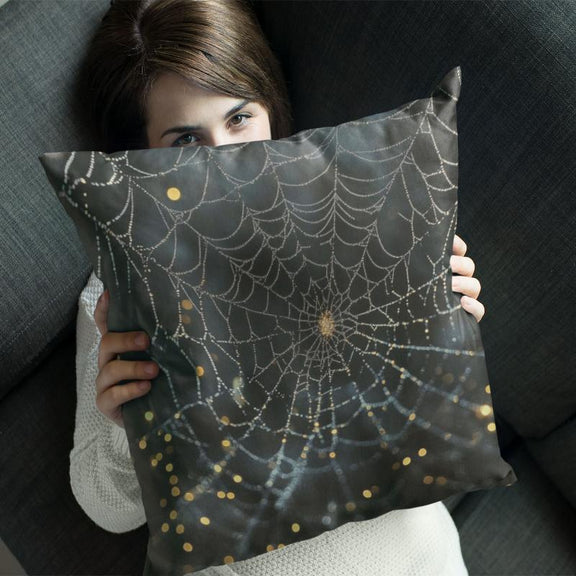 Elegant Silver Spider Web Throw Pillow – Luxurious Halloween Decor