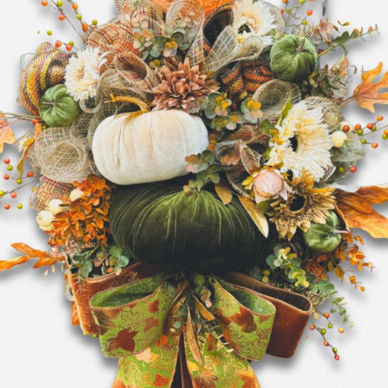 Fall Velvet Pumpkin Wreath – Rustic Front Door Decor