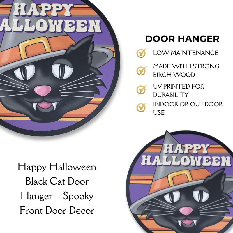 Happy Halloween Black Cat Door Hanger – Spooky Front Door Decor