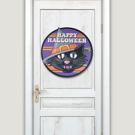 Happy Halloween Black Cat Door Hanger – Spooky Front Door Decor