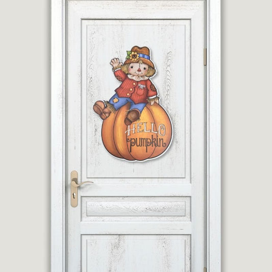 Hello Pumpkin Scarecrow Wooden Door Hanger – Fall Home Decor