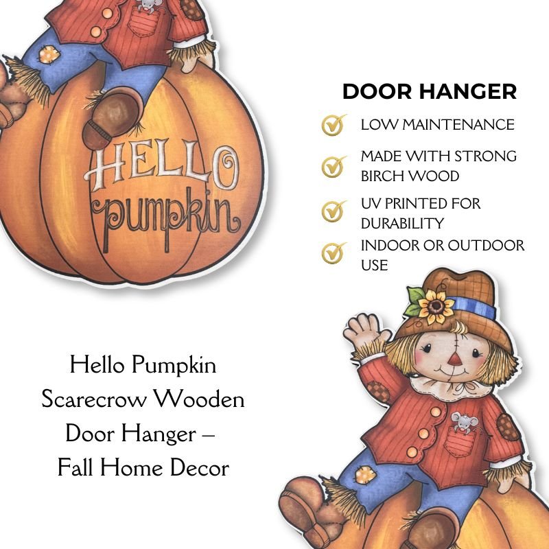 Hello Pumpkin Scarecrow Wooden Door Hanger – Fall Home Decor