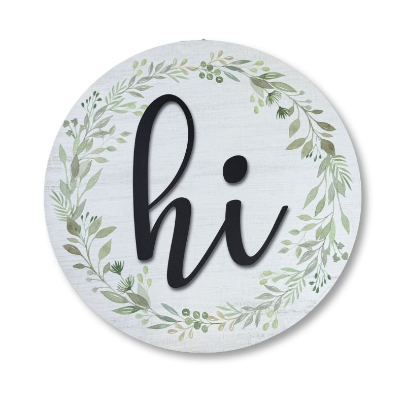 Close-up of a 'Hi' door hanger with greenery design, perfect for modern farmhouse decor.