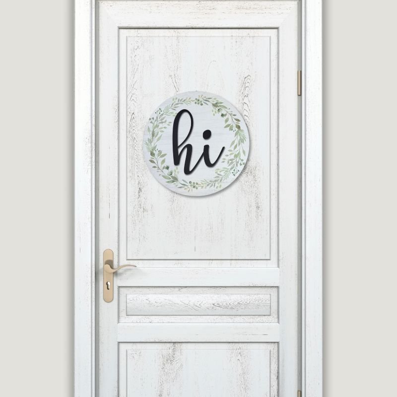 Elegant 'Hi' door hanger displayed on a white front door, ideal for farmhouse-style home decor.