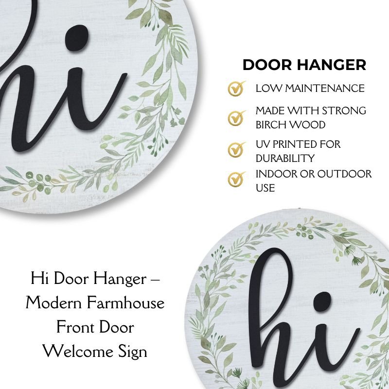 Features of 'Hi' door hanger: durable birch wood, UV printed greenery, and perfect for indoor or outdoor use.