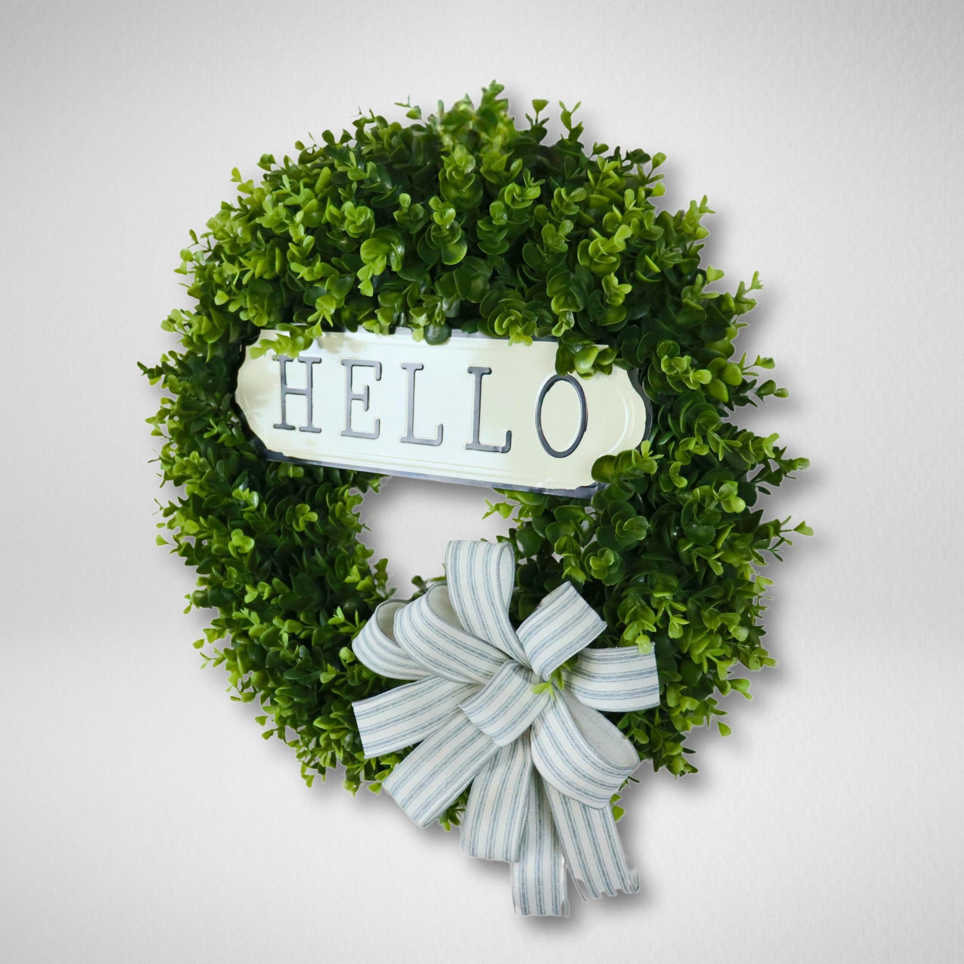 Artificial boxwood wreath with vintage metal hello sign, greenery door wreath for modern farmhouse decor, front porch welcome wreath.