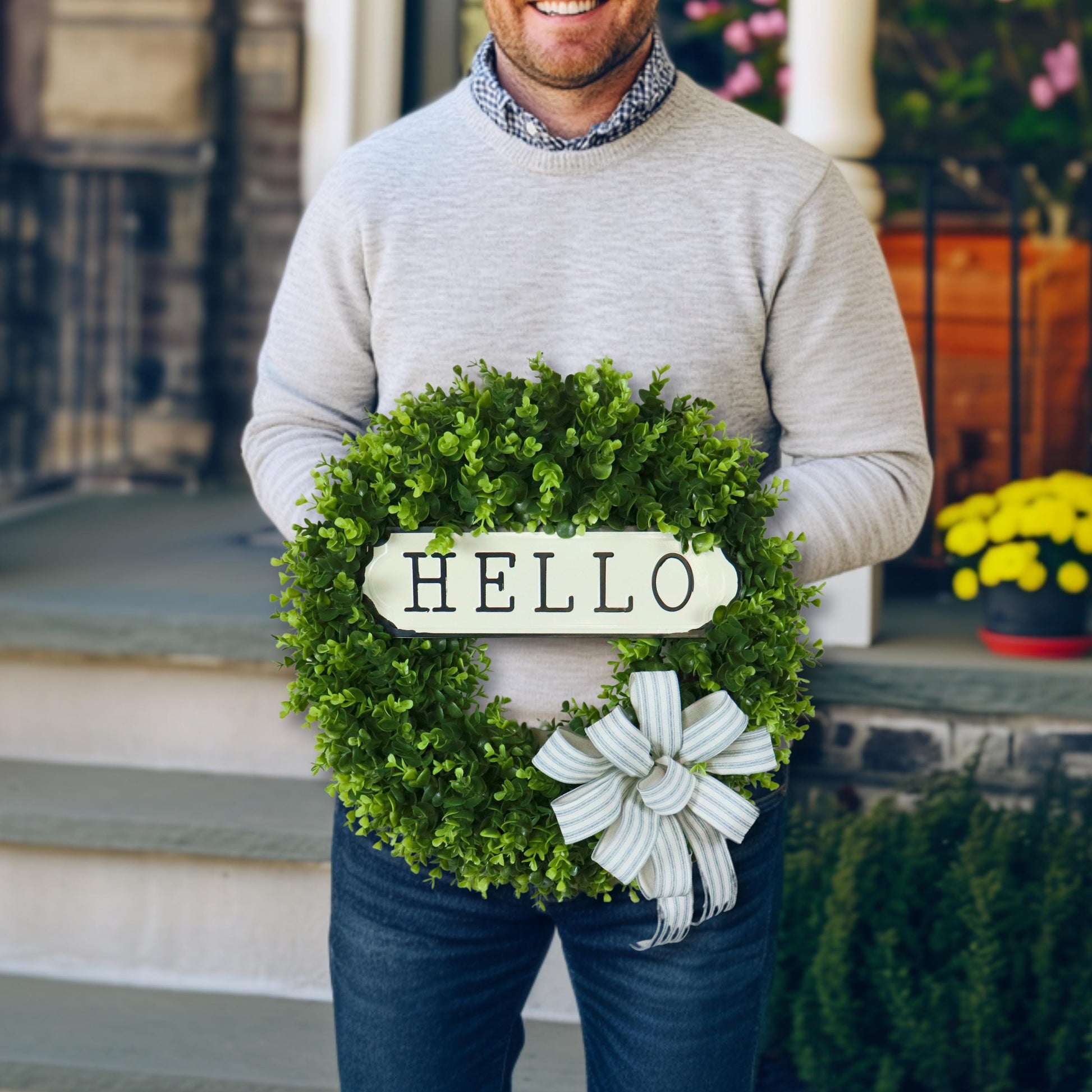 Handmade farmhouse wreath with hello sign, perfect housewarming gift, outdoor greenery wreath for front porch or entryway decor.