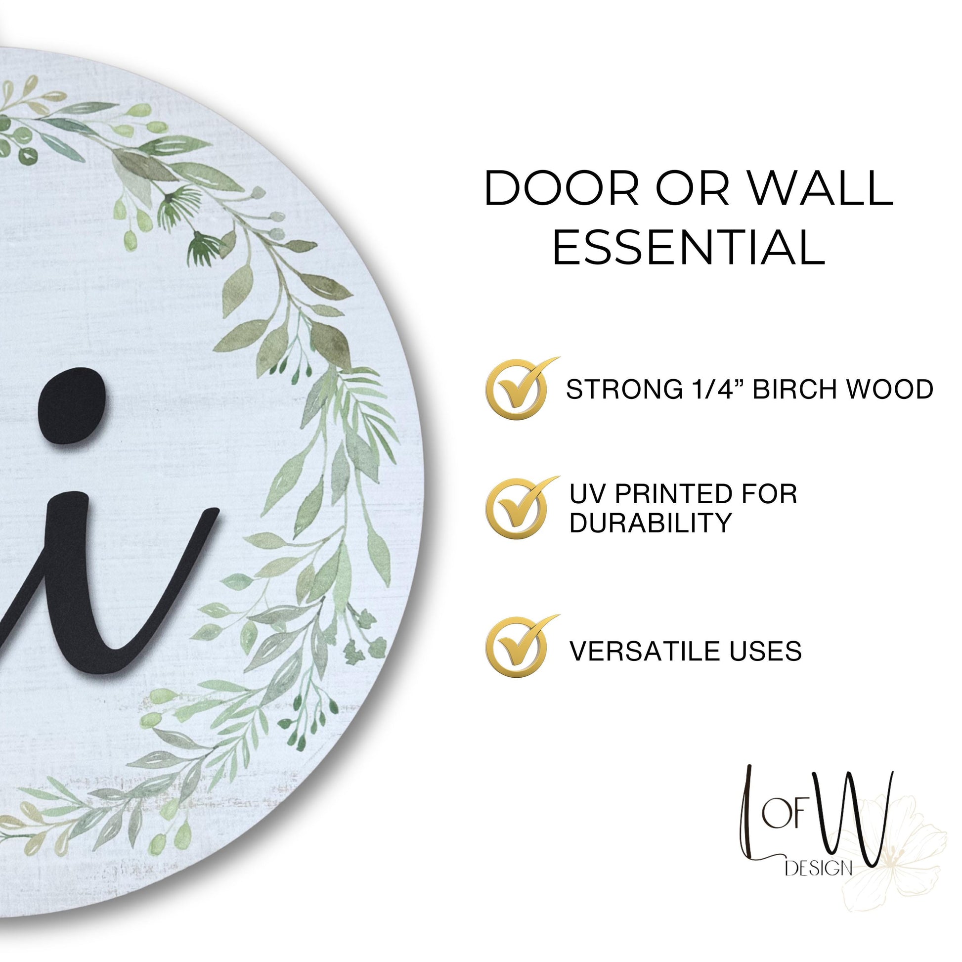 Product specifications for hi door sign showing premium 1/4-inch birch wood, UV printing for durability, and versatile hanging options