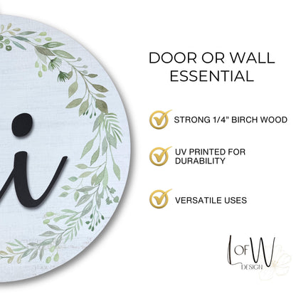 Product specifications for hi door sign showing premium 1/4-inch birch wood, UV printing for durability, and versatile hanging options