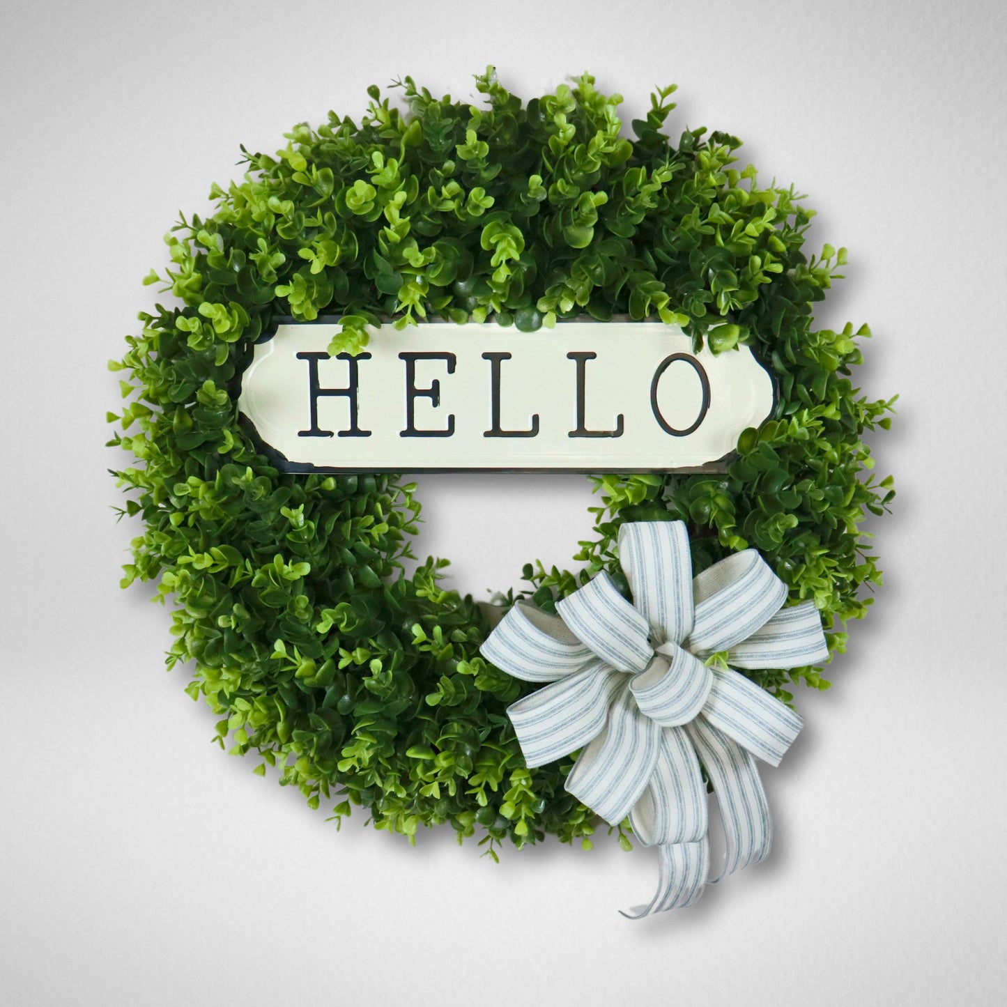 Handmade greenery wreath with vintage hello sign, front porch wreath, modern farmhouse door decor, artificial boxwood wreath for all seasons.