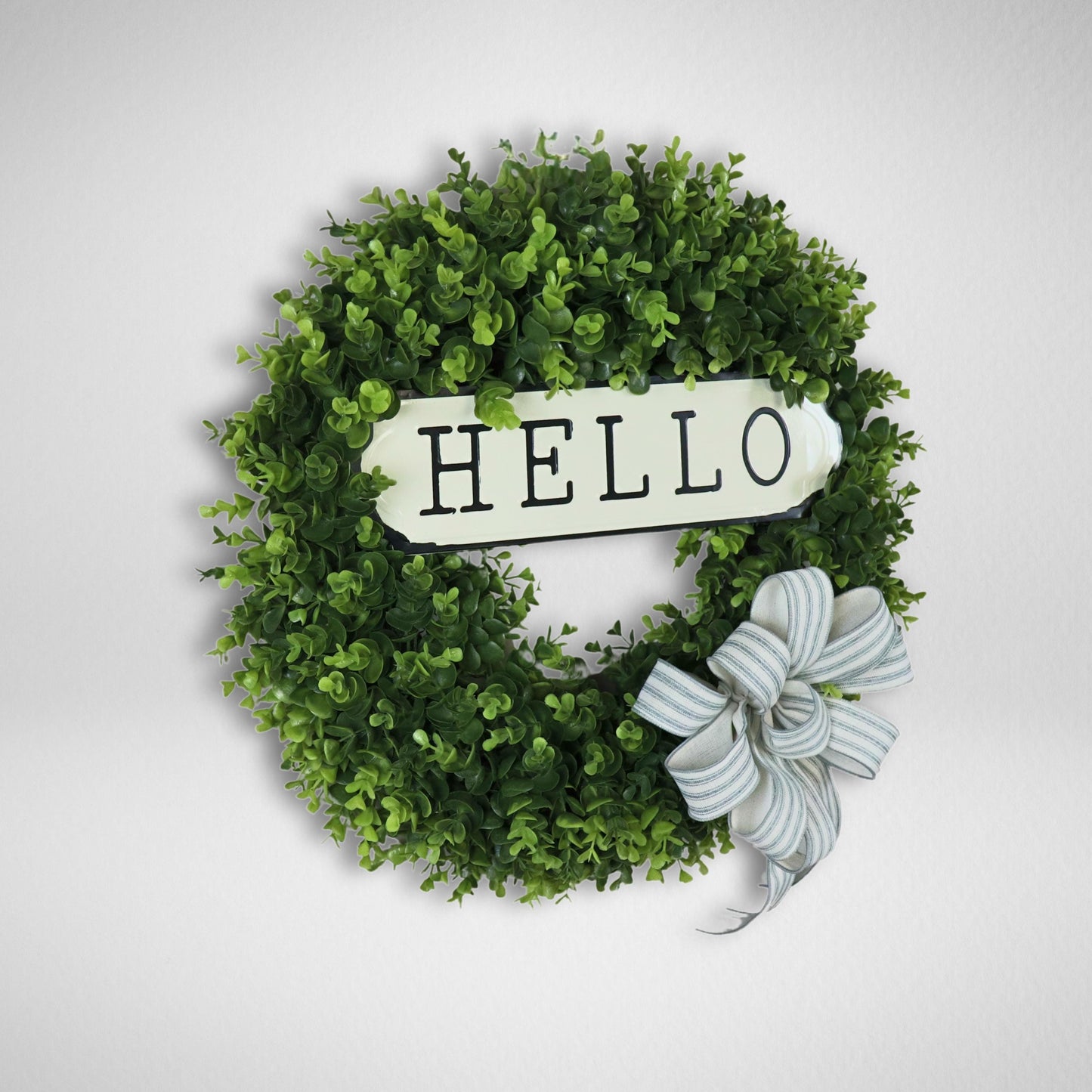 Greenery wreath with rustic hello sign, handmade front door wreath for home entryway, neutral farmhouse decor gift idea.