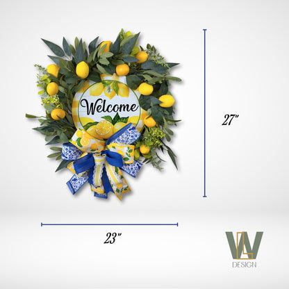 27x23 inch lemon wreath for front door with welcome sign, perfect for summer porch decor and farmhouse entryway styling