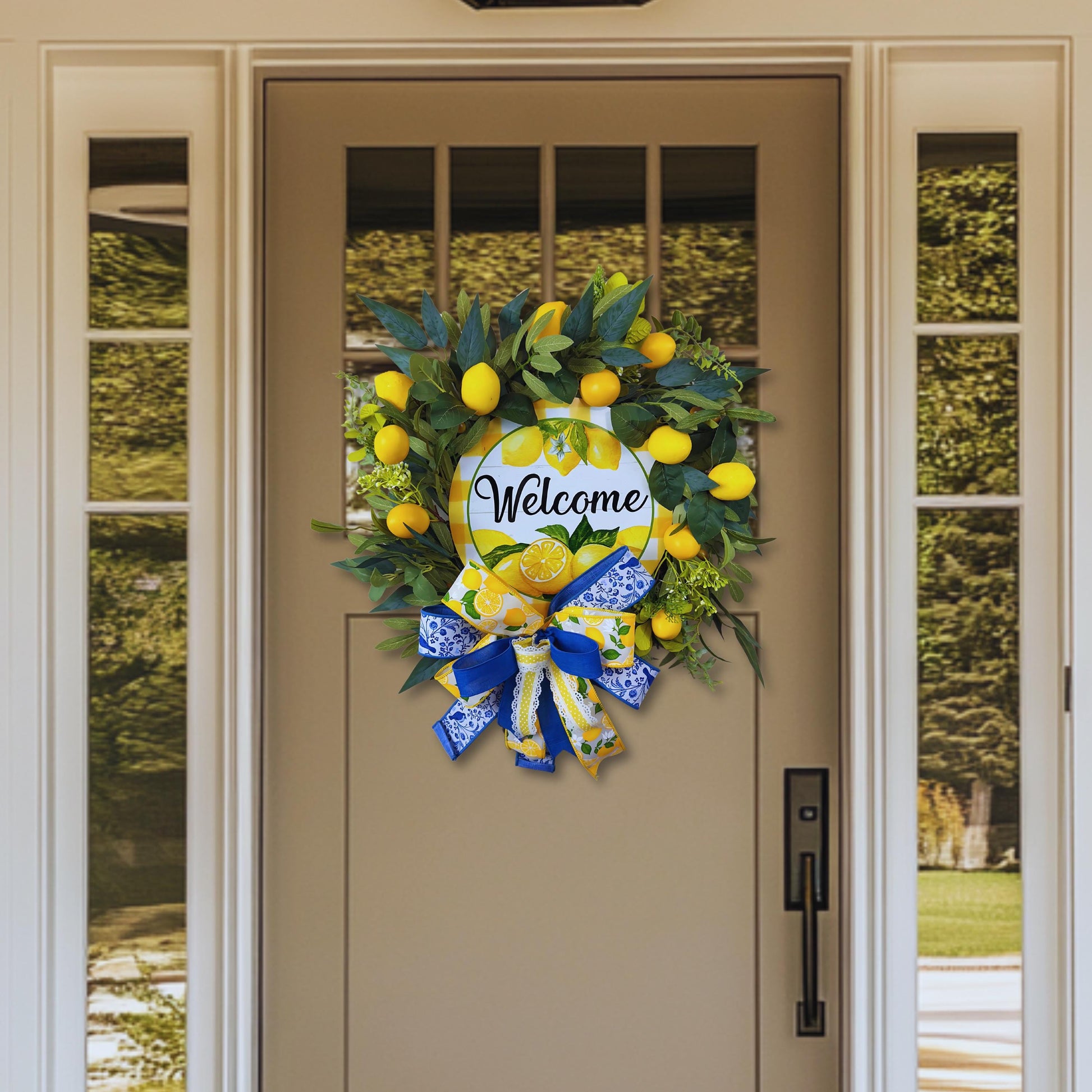 Lemon front door wreath displayed on beige door, ideal for farmhouse summer decor, spring entryway, or housewarming gift