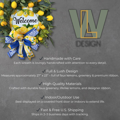 Informational image showing lemon welcome wreath with text highlights: handmade with care, full 27x23 inch design, premium materials, indoor/outdoor use, and fast free U.S. shipping. Features faux lemons, greenery, and designer ribbon with LoW Design logo.
