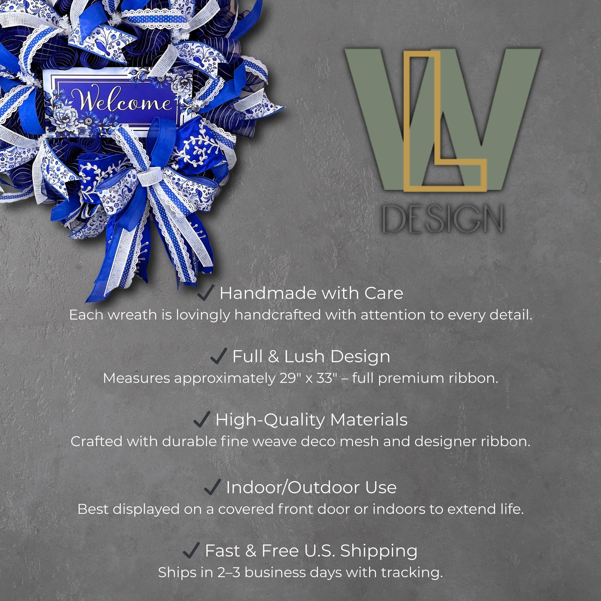 Blue and white chinoiserie mesh wreath with welcome sign and listed features including handmade quality and indoor/outdoor use.