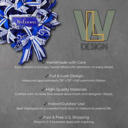 Blue and white chinoiserie mesh wreath with welcome sign and listed features including handmade quality and indoor/outdoor use.