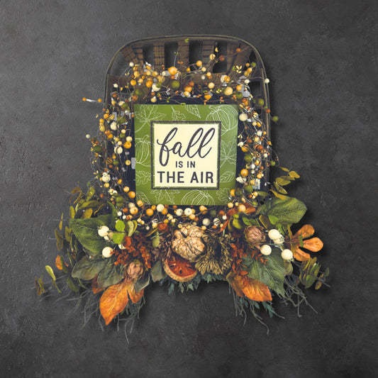 Fall tobacco basket wreath with faux berries and rustic farmhouse sign for front door décor