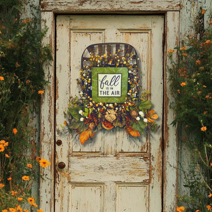 Farmhouse fall door wreath on rustic white entryway with autumn florals and harvest colors