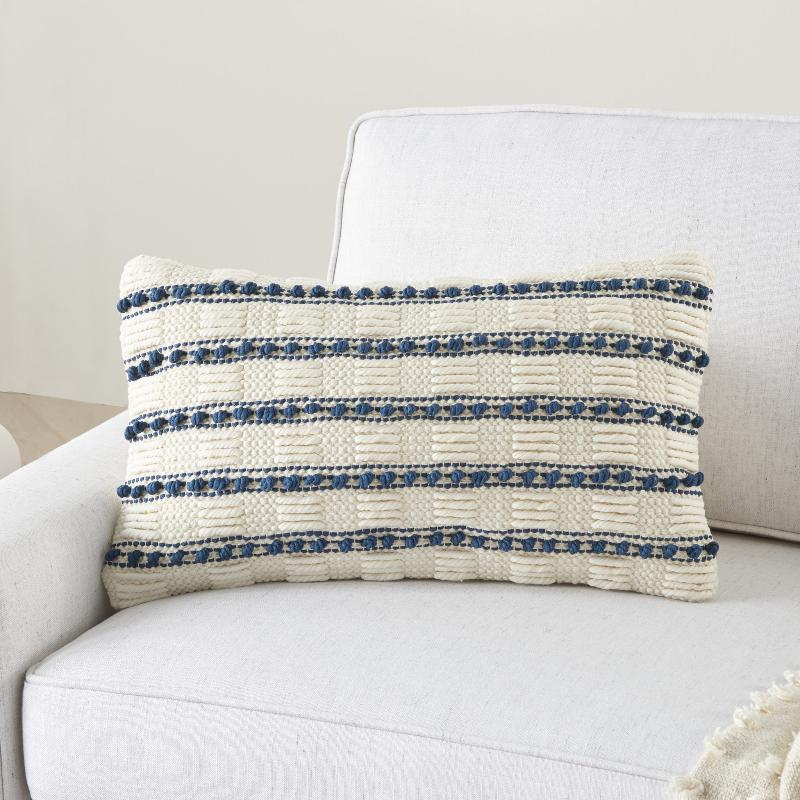 Ivory Blue Striped 12x20 Lumbar Pillow – Cotton Blend