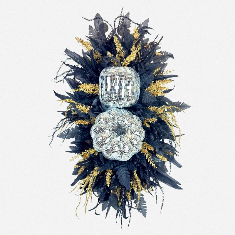 Luxury Black & Gold Halloween Wreath – Disco Pumpkin Decor