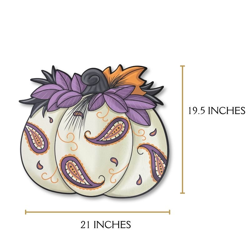 Paisley Pumpkin Hanger measures 21x19.5 inches, featuring a UV-printed design with purple and orange accents for durable and vibrant fall decor.